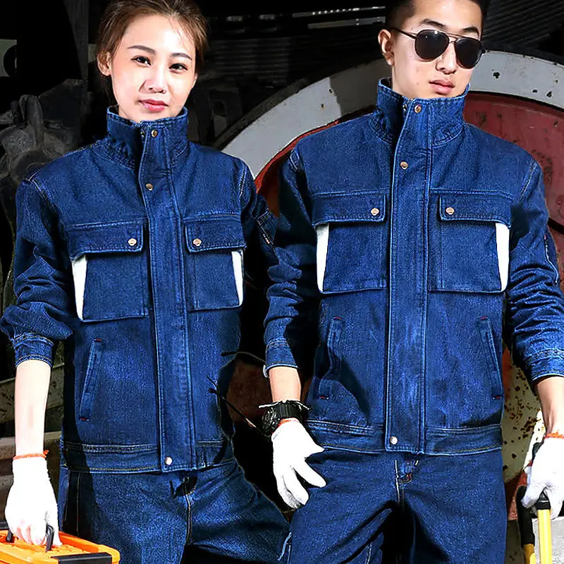 Completo da Lavoro in Denim di Puro Cotone Rinforzato per Saldatura, Set con Top a Collo Alto e Pantaloni, Protezione per le Mani, Tuta da Lavoro da Uomo