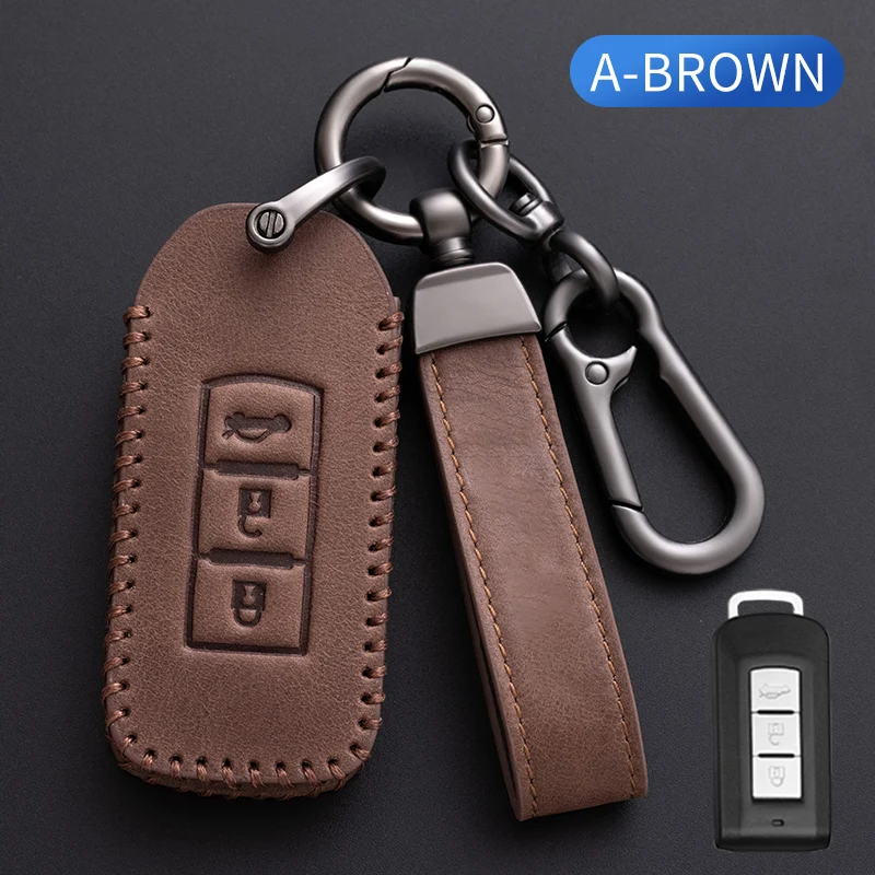 For Mitsubishi Outlander Lancer EX ASX Colt Grandis Pajero Sport Top Cowhide Car Key Case Cover Set Fob Remote Protection
