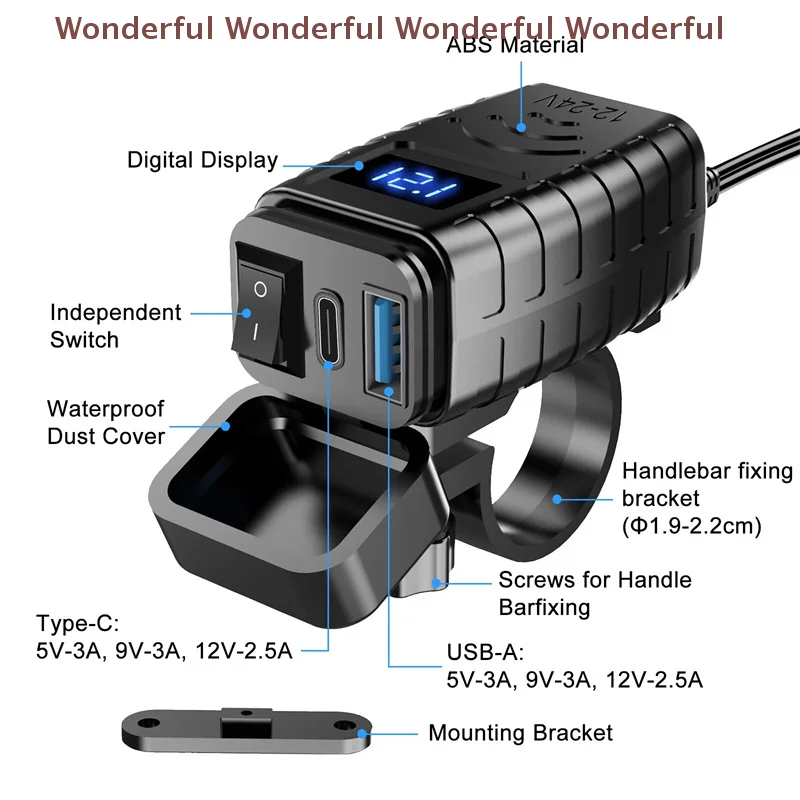 

Зарядное устройство для мотоцикла 48W с двумя USB-портами Type-C PD и быстрой зарядкой 3.0, с вольтметром и выключателем для мотоцикла