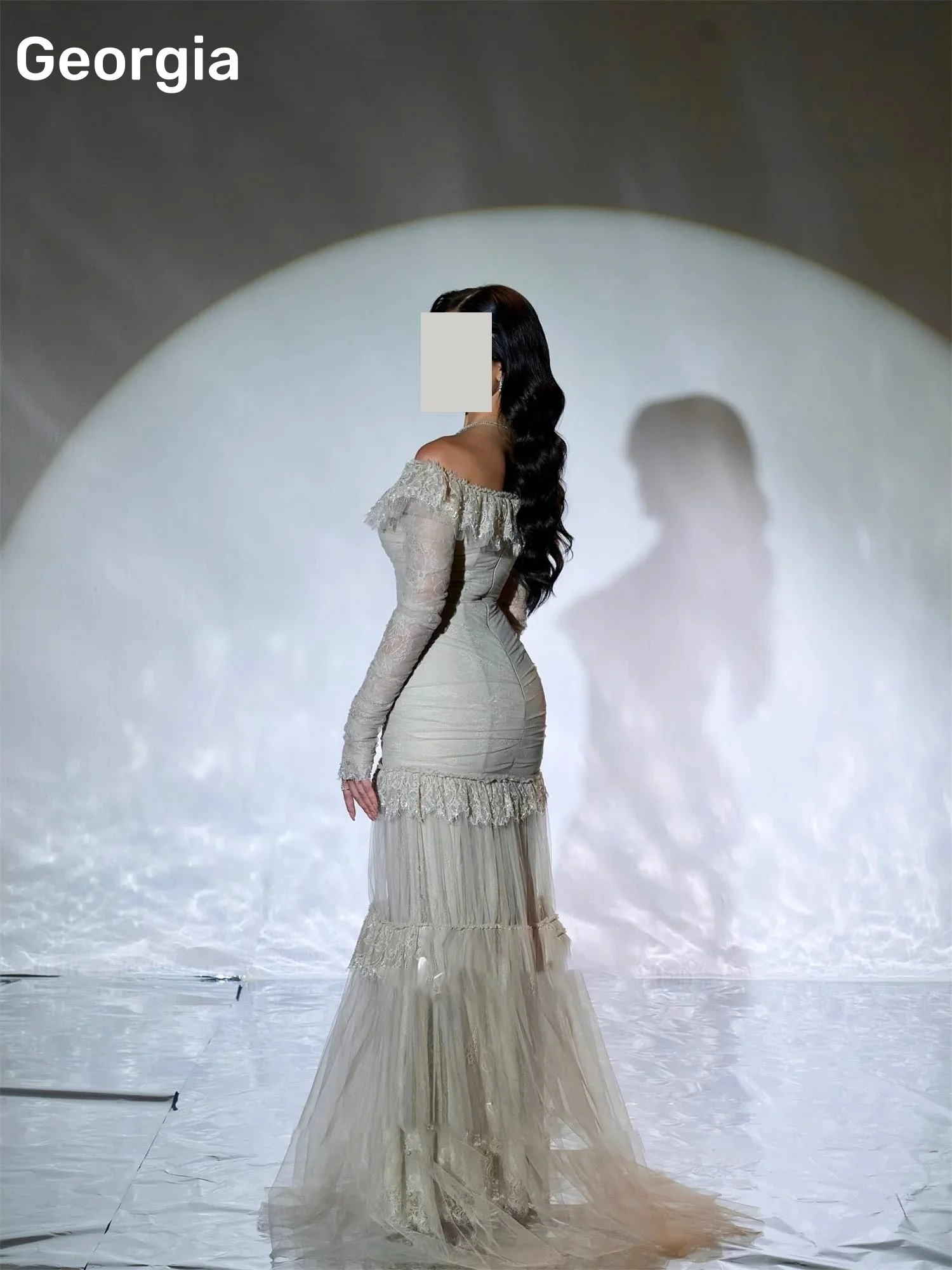 Dubai فساتين سهرة Lace Off-The-Shoulder Neckline Floor-Length Prom Dress Women Zipper Up Long Sleeves Vestidos De Festa
