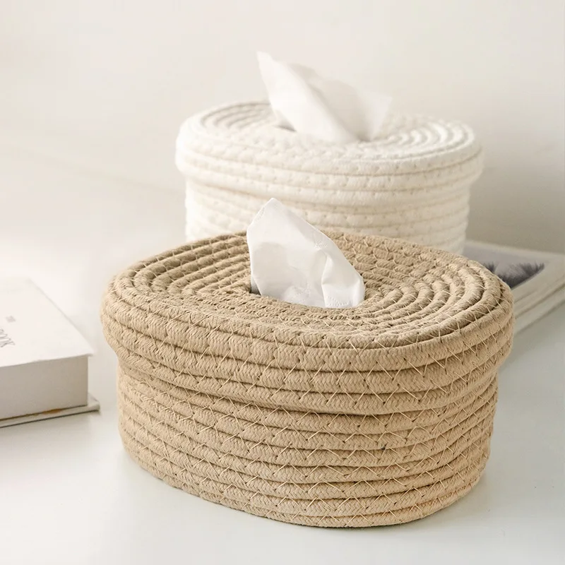 Cotton cord woven tissue storage box Simple Japanese desktop dustproof tissue box with cover Handmade washable