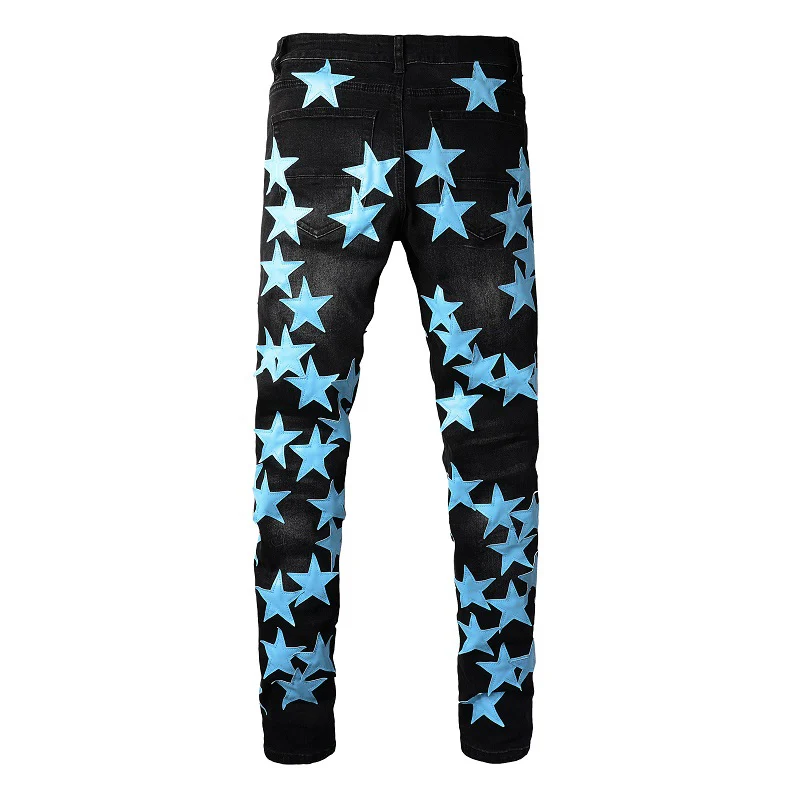 Men Sky Blue Leather Stars Patches Jeans Streetwear Black Stretch Denim Skinny Tapered Pants Holes Ripped Trousers