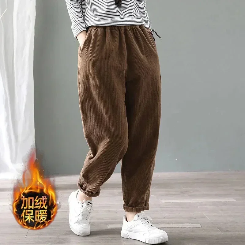 

Winter Plus Velvet Casual Corduroy Women Pants Solid Color Elastic Waist Baggy Warm Pantalones Thick Snow Wear Harem Trousers