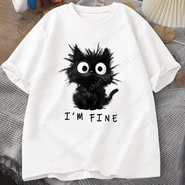 New Women's Cute Cat Pattern Graphic Short Sleeve T-Shirt Round Neck Casual Tshirt Tops Cool I'm Fine Printed Female Tees 1