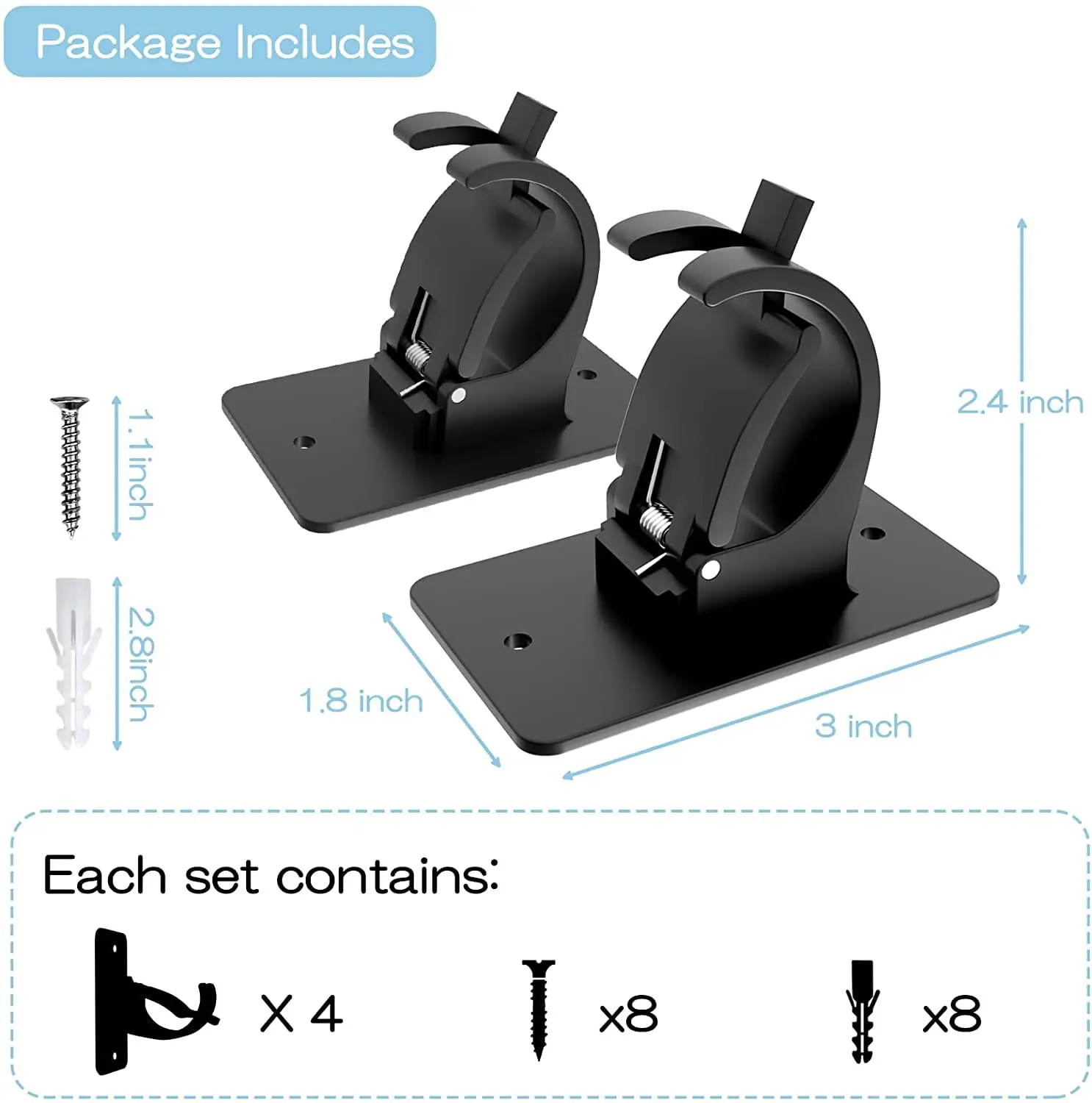 Black Dual Mount Curtain Rod Brackets Self Adhesive & Screw Universal
