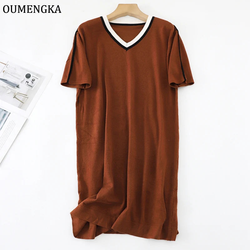 Oumengka lässig Sommer gestreiften V-Ausschnitt lose lange T-Shirt Kleid Frauen Kurzarm solide weiche Strickkleider weibliche Vestidos