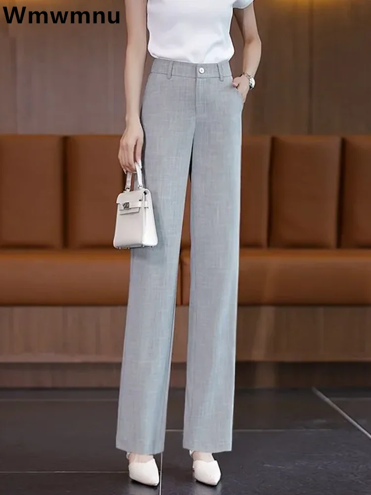 High Waist Straight Suit Pants Ice Silk Office Classic Pantalones New Women Korea Casual Spring Summer Spodnie Elegant OL Calcas