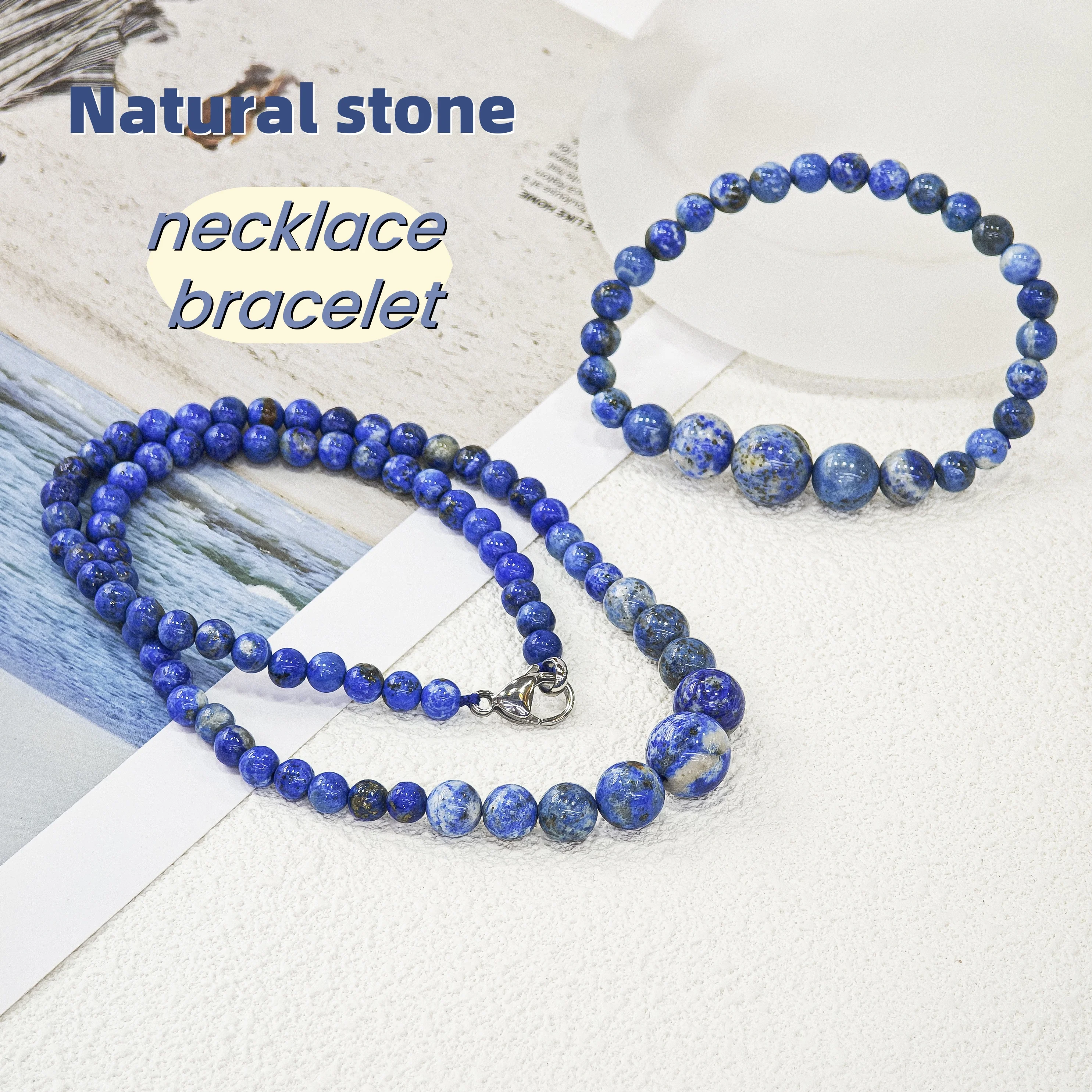 

Lecter Store Unique handmade blue natural stone necklace bracelet pendant, round women's jewelry gift set accessories