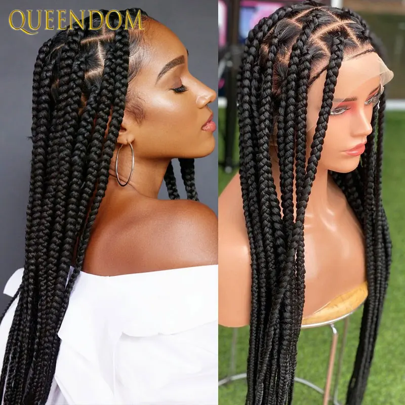 36 Inches Synthetic Knotless Large Square Box Braided Wigs Full Lace Frontal With Baby Hair For Afro American Women Braided Wigs