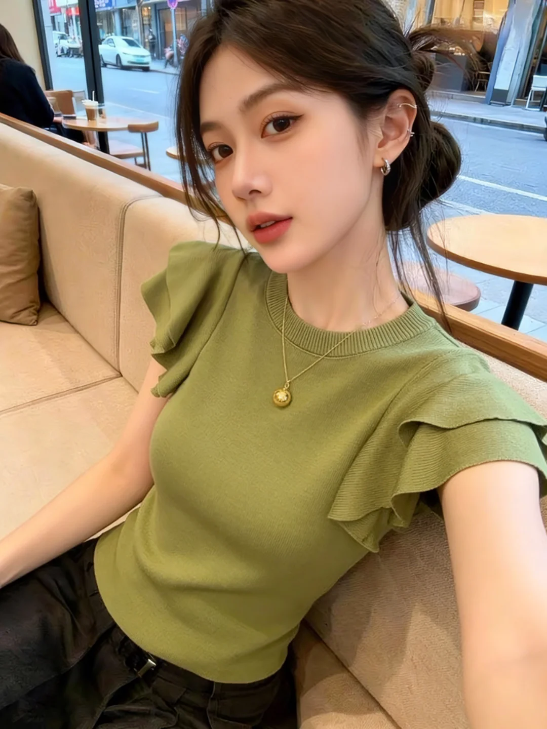 Green Lace Trim round Neck Short Sleeve Knitted Top Women's Summer New Design Anti-Aging Super Beautiful Top Korean Style