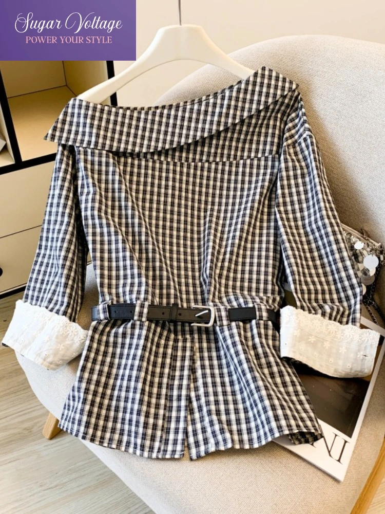 

Осенние новые винтажные модные рубашки Y2k, женские свободные топы с длинным рукавом и косым воротником, полосатые топы с поясом, повседневные элегантные офисные женские блузки