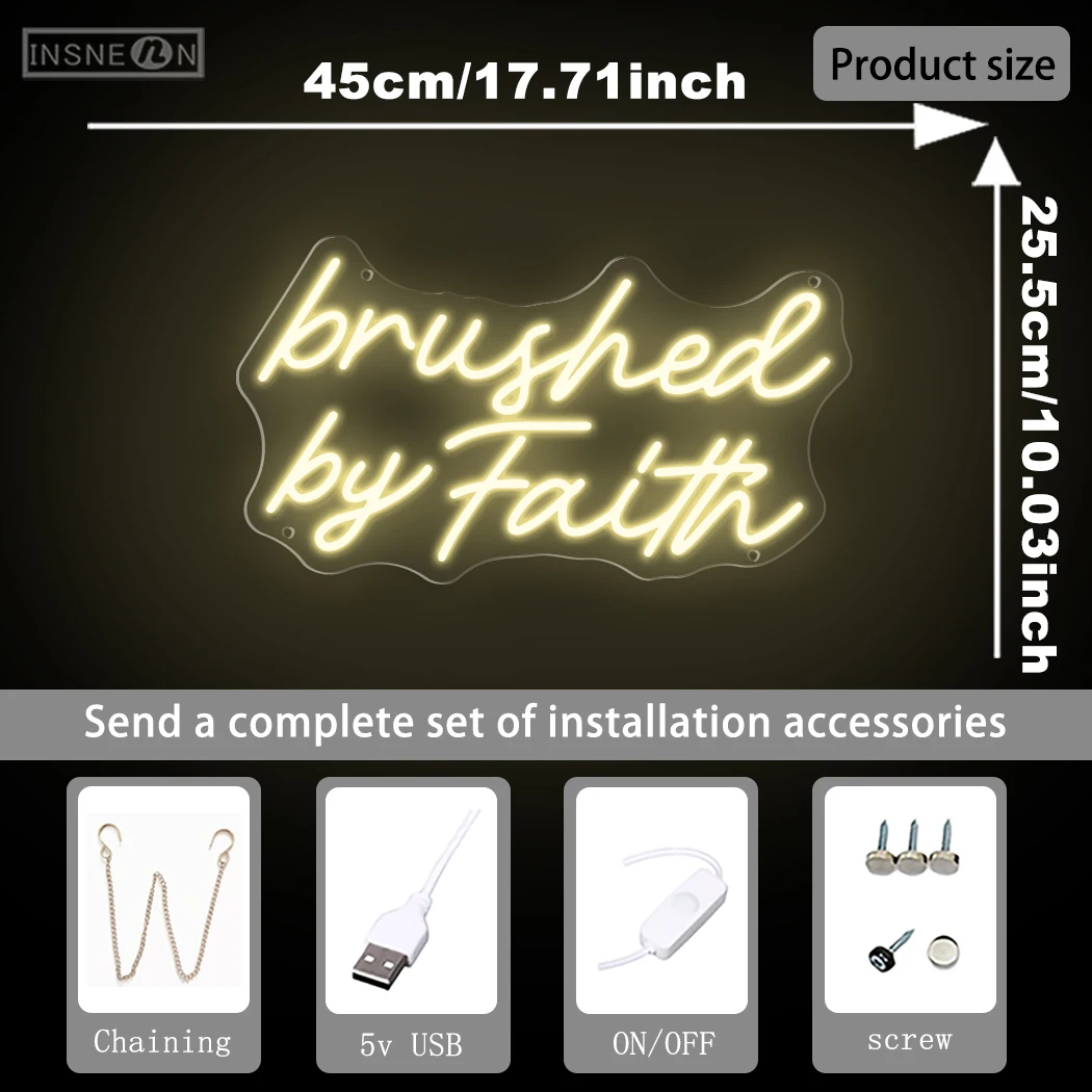 Brushed By Faith LED USB Christian Wall for Bedroom Hallway House Home Art Decoration Birthday Chrisdy Spaces Bedroom Decoration