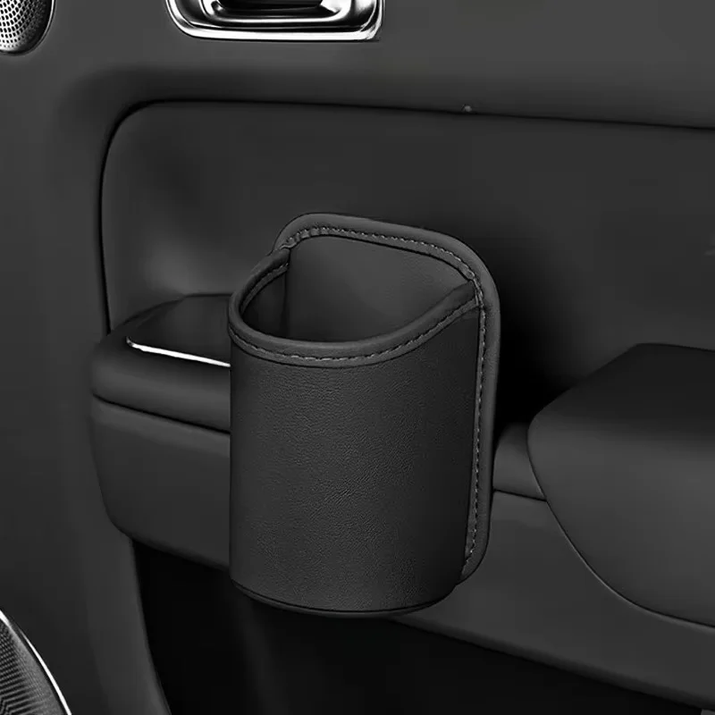 Premium PU Leather Car Cup Holder Organizer Round Storage Box for Small Items Universal Mini Trash Can with Stitching Details