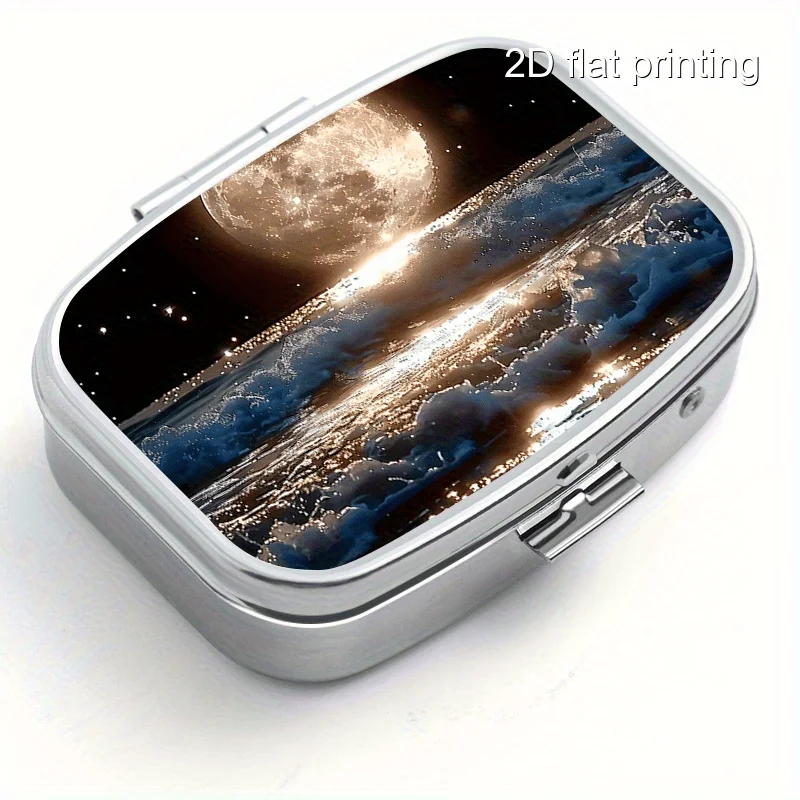 1Pc Creative Black Seaside Pattern Printed Square Metal Box, 2 Compartments, Portable Compartmentalized Box, Portable Storage Box, Suitable for Wallets, Travel, Unique Birthday, Party, Anniversary, Christmas, Halloween, Ideal Gift