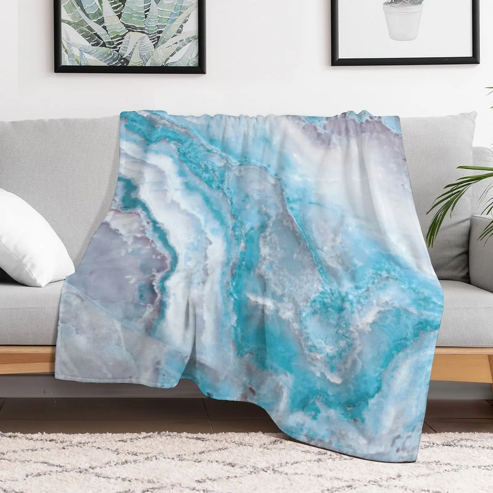 Luxury Mermaid Blue Faux Agate Marble Geode Gem Throw Blanket Flannel Fabric Tourist Blankets