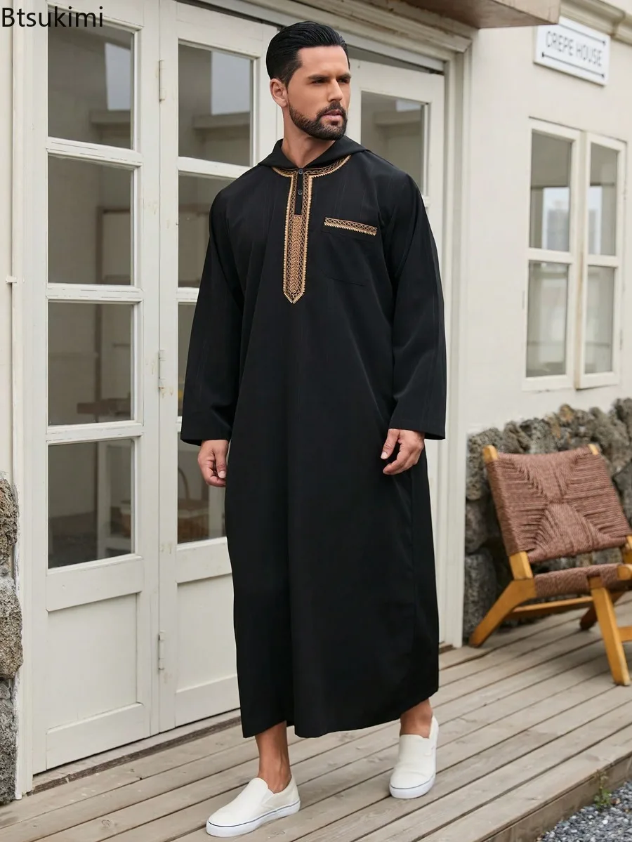 

Muslim Fashion Abaya Arabic Men Long Sleeve Embroidered Hooded Robe Arabian Moroccan Luxury Thobe Men Dress Traditional Clothing