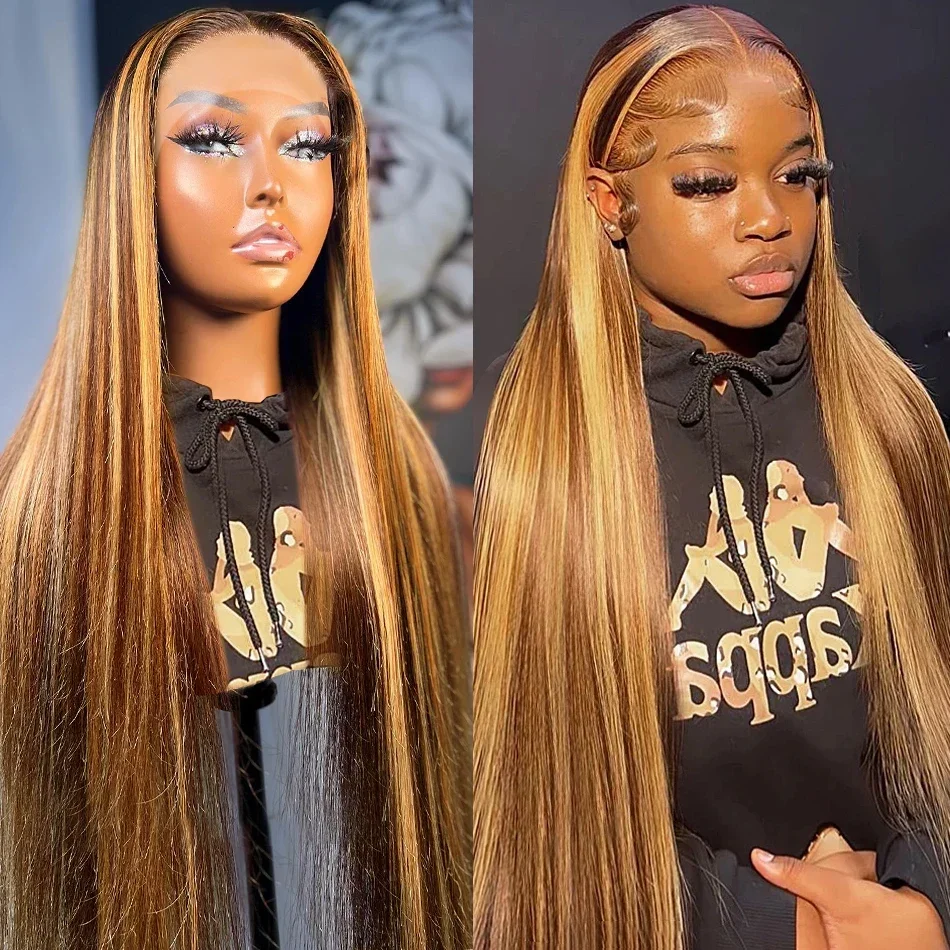 Highlight Ombre Brown 13x4 HD Lace Front Wig 30 Inch 250 Density Straight Peruvian HD Lace Frontal Human Hair Wig For Women