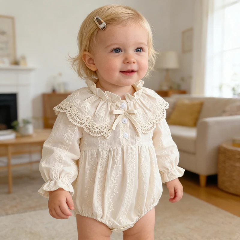 0-2Yrs Neugeborenen Body Frühling Herbst Kleidung Babyspielanzug Revers Kragen Prinzessin Bogen Strampler Lange Ärmel Infant Mädchen Overall – Detail 10
