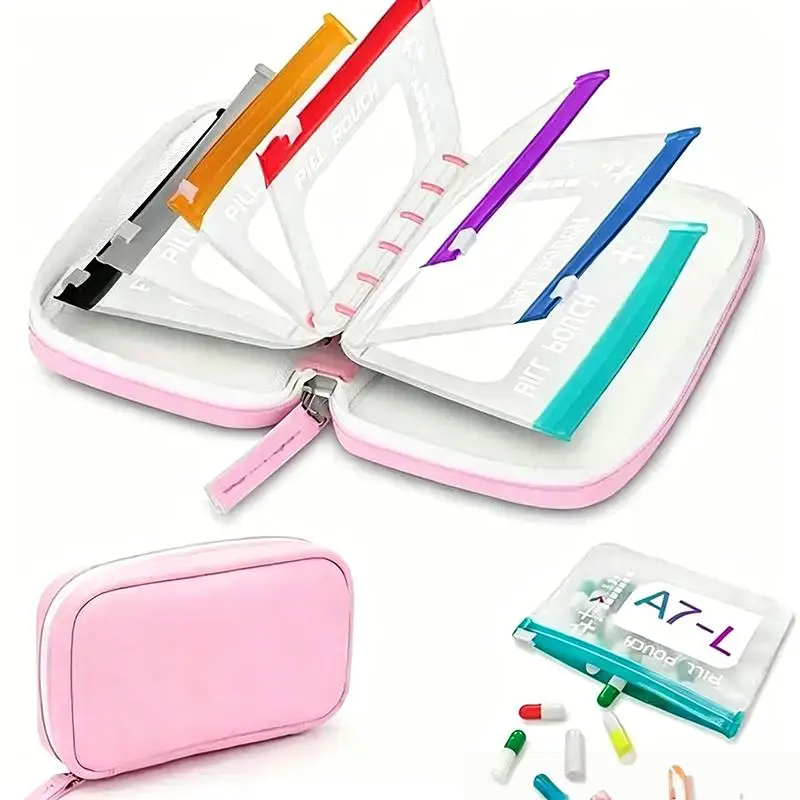 【H】1 Set Large Pill Organizer For Seven Days Pill Storage 7 Color-Coded Pouches A8 Waterproof Pill Organizer Kit