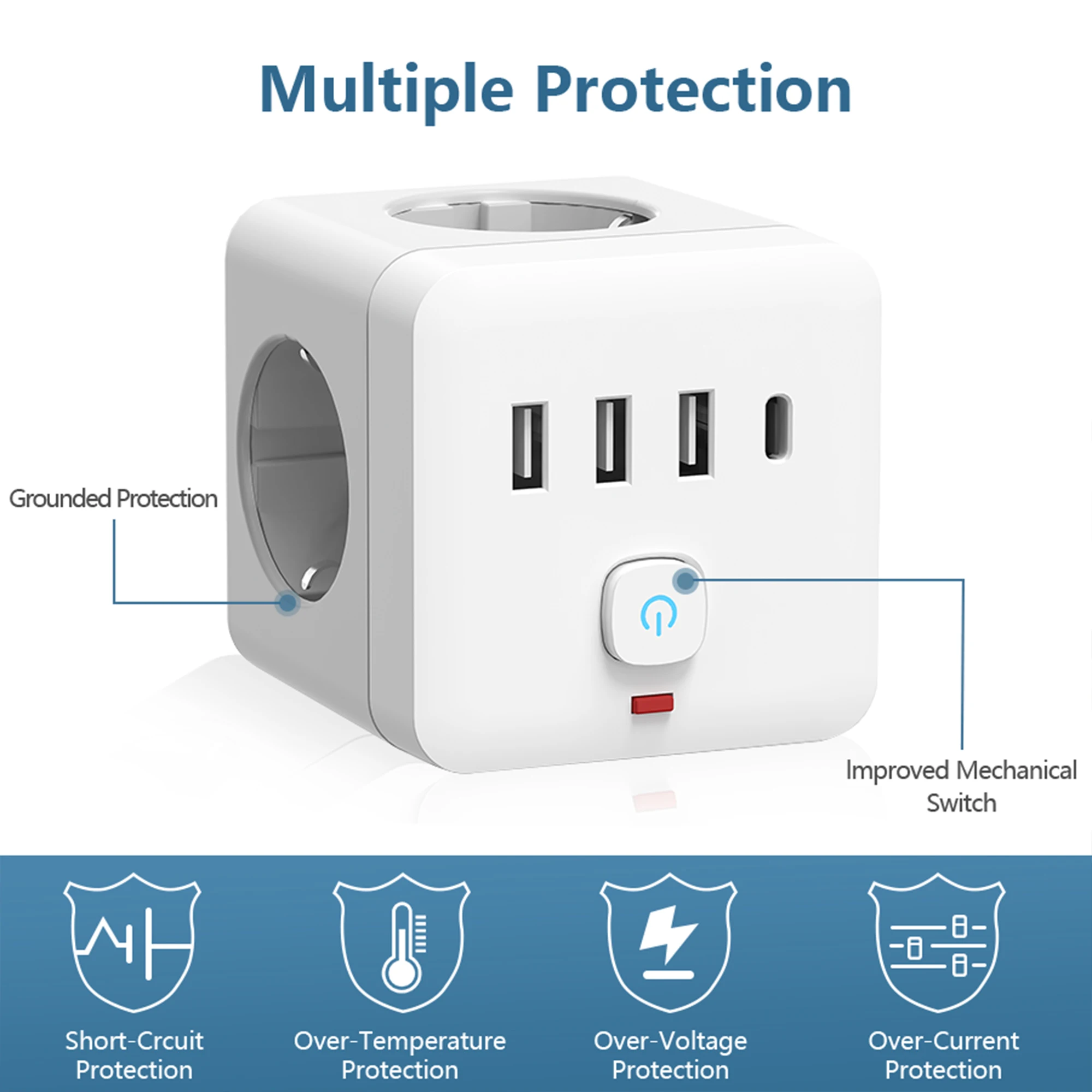 EU Power Strip Surge Protector, Desktop Estação de Carregamento com Proteção Contra Sobrecarga, 3 Tomadas AC, 3 USB 1, 7 em 1