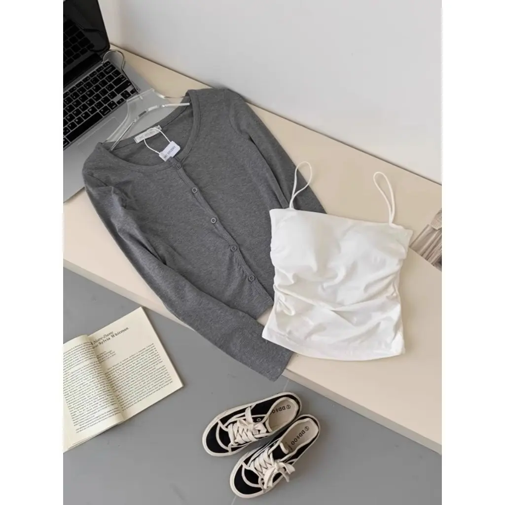 

Grey Knitted Cardigan Women's Korean-style Spring Top Sunscreen Long-Sleeved Jacket Single-Breasted Loose Age-Reducing