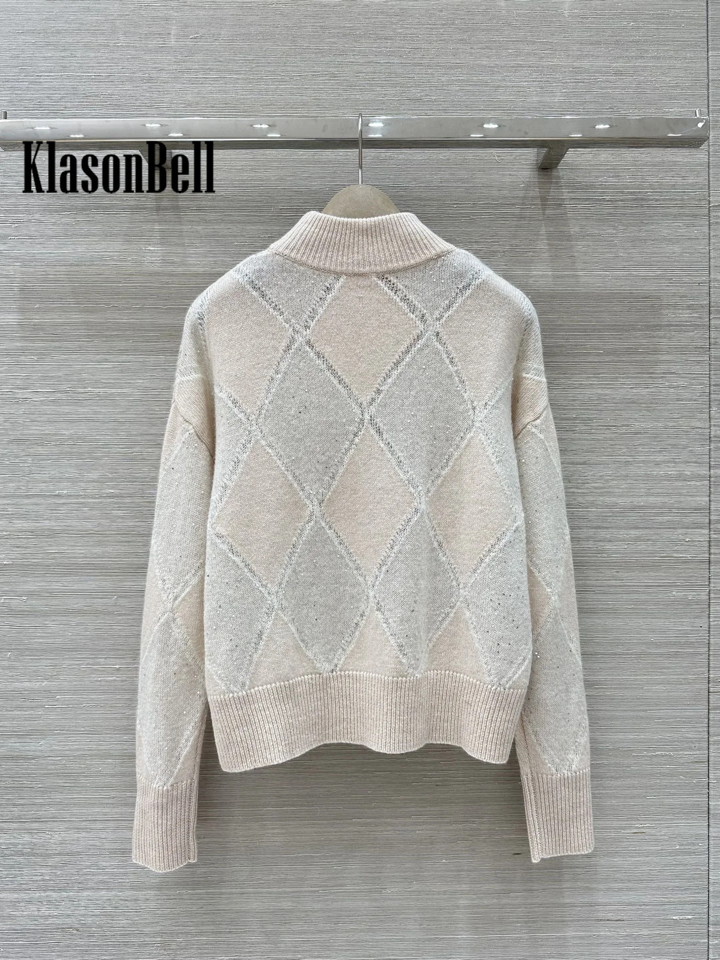 9.28 KlasonBell Fashion Bling Sequins Argyle Plaid Knitwear For Women Half High Collar Cashmere Keep Warm Loose Sweater