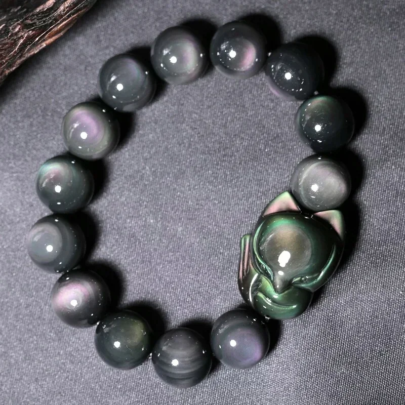 

Natural obsidian Fox Bracelet Men Women healing gemstone fine jewelry genuine Rainbow black obsidian Celestial Eye Fox bracelets