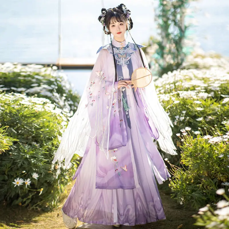 Purple Hanfu Traditional style butterfly female skirt Heavy embroidery high quality Ming pleated skirt cape summer daily clothes