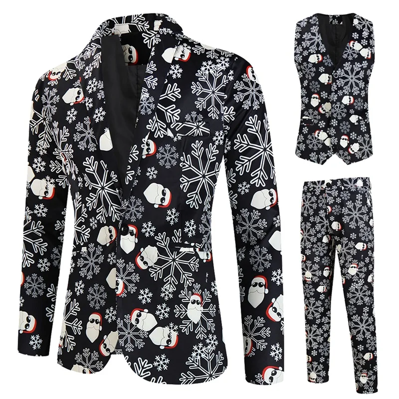 Men Christmas Suit Snowflake Snowman Print Blazer Jacket Pants Vests Tuxedo Suits Set for Christmas Party