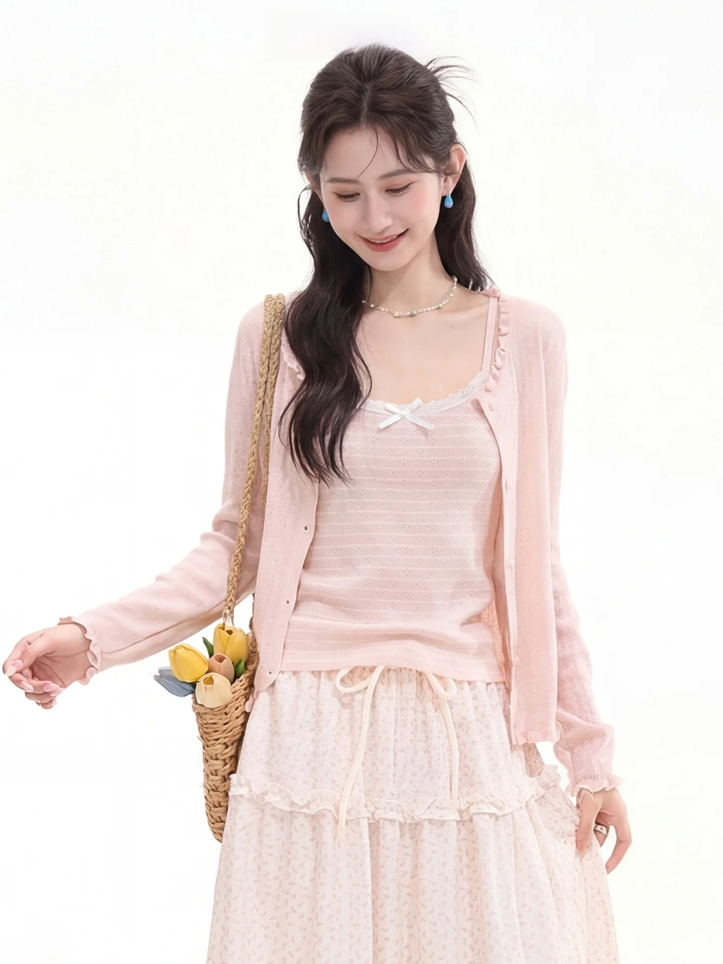 

Princess Style Knitted Two-Piece Set Women's Top with Wood Grain Spring Long Sleeve Stripe Pattern Light Pink Cardigan