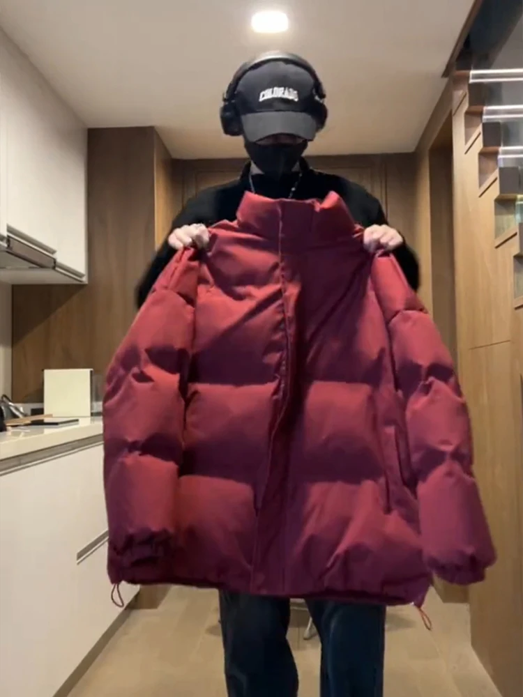 

Red Wine Color Jiaxing hu Men's down Jaet Thiened American Sle Cotton Coat Couple's Matching Stand Collar Bread Coat