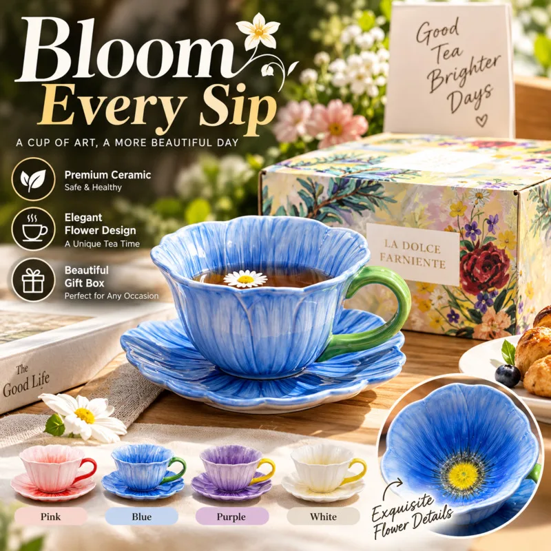 Floral Print Ceramic Coffee Cup With Saucer Set Artistic Blue Floral Tea Mug With Handle, Vintage Table Decor Women Holiday Gift