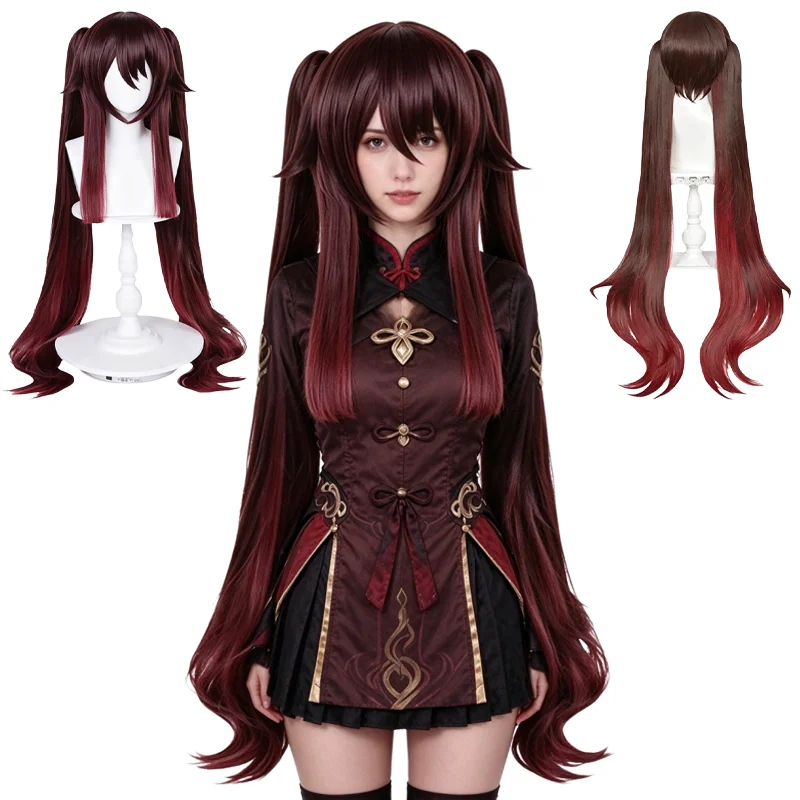 Hu Tao Cosplay Wig Brown Red Gradient Twin Tails Detachable Clip Heat Resistant Synthetic Anime Wig For Halloween Carnival Party