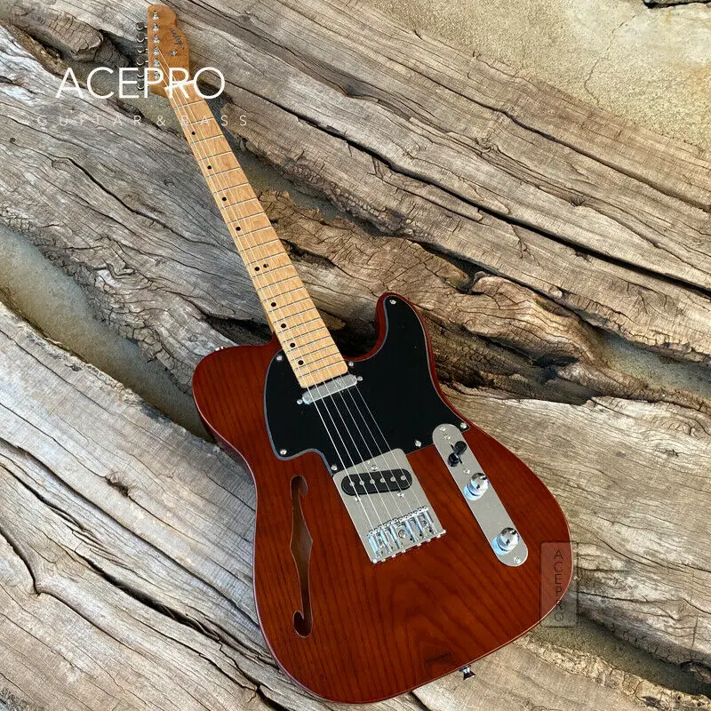 In Stock Acepro F-hole Electric Guitar Brown Color 20mm Solid ASH Body, Roasted Maple Neck, Stainless Steel Frets, Guitarra