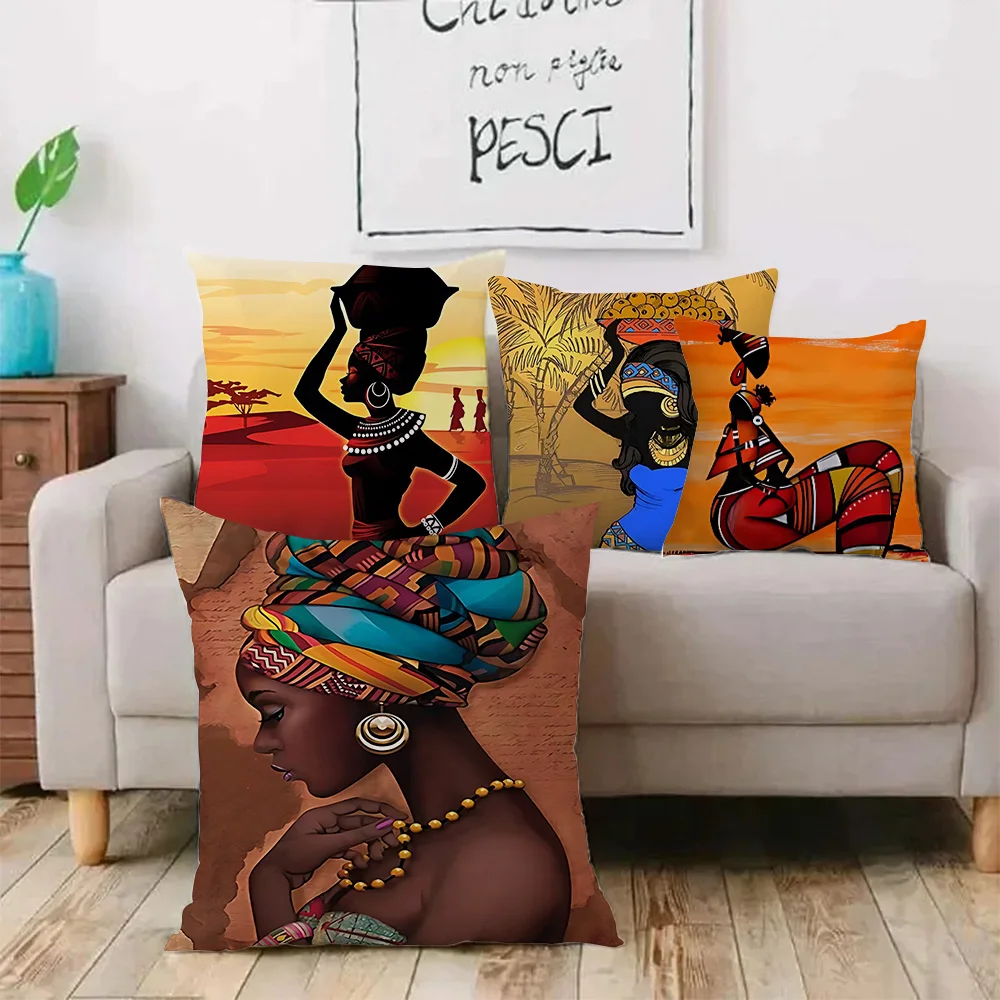 African American women Pillow Covers Cartoon Sofa Decorative Home Double-sided Printing Short Plush Cute Cushion Cover