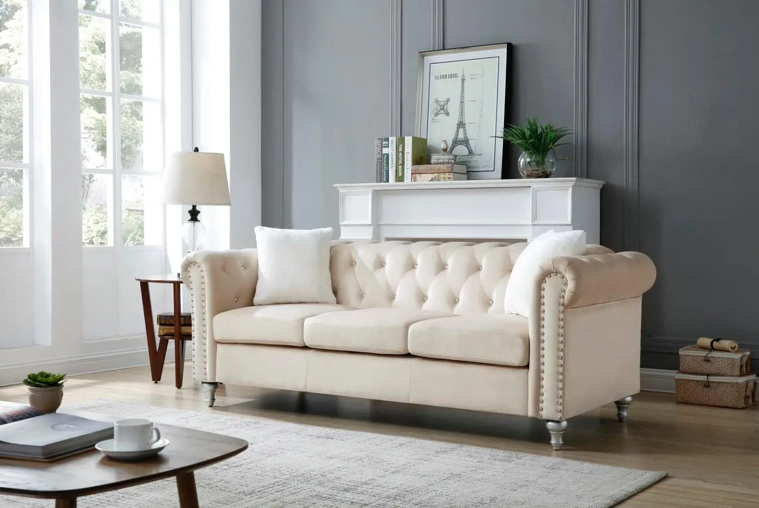 Raisa Velvet Sofa in Beige，20 Inches，Standard，Button Tufted