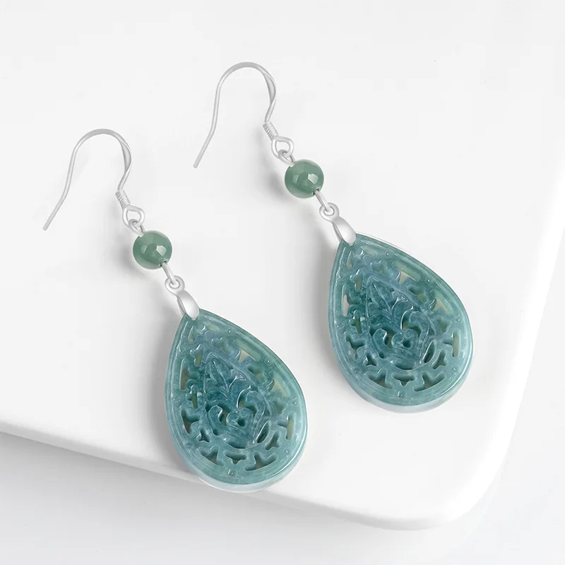 Natural A-grade Jade Vintage Hollow Cut Flower Earrings with Bean Seed S925 Silver Inlaid Jade Ethnic Women's Earrings Jewelry
