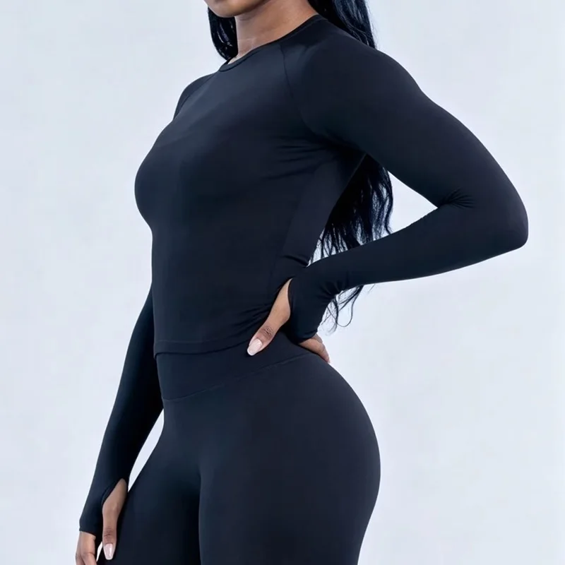 Damen Langarm Yoga-Oberteil mit Rundhalsausschnitt, Raglanärmeln und Daumenlöchern, Slim Fit Cropped Workout-Shirt, Nahtlos Atmungsaktives Sport-Lauf-Gym-Top – Detail 7