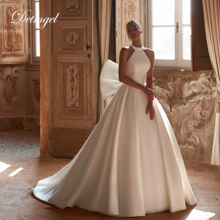

Detmgel New Classic HALTER Neck A-Line Wedding Dress Backless Sleeveless Bow Soft Satin Court Train Vestido De Noiva Customized