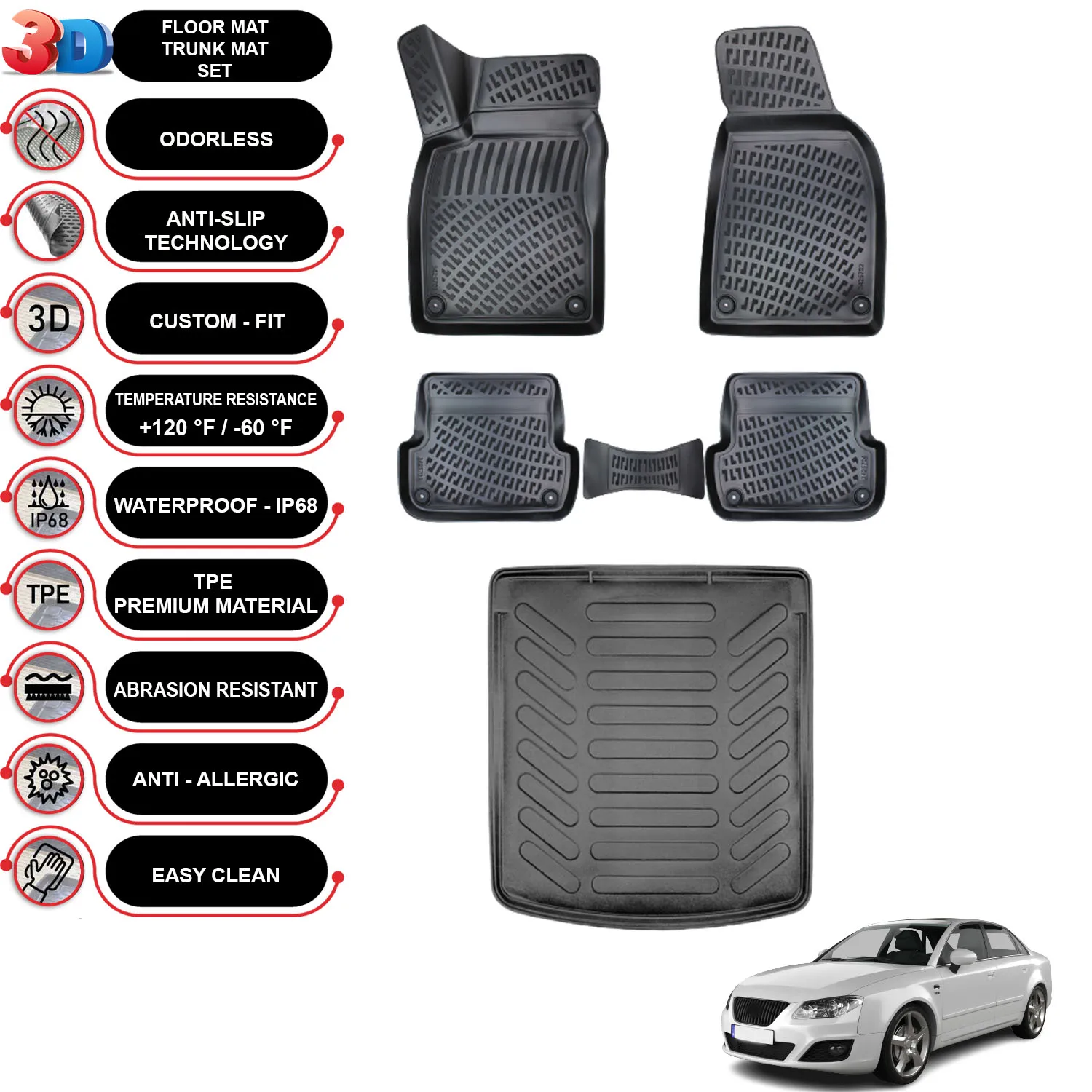 Seat Exeo - (2008-2014) - Floor Mats + Cargo Trunk Liner - SET - (Black)