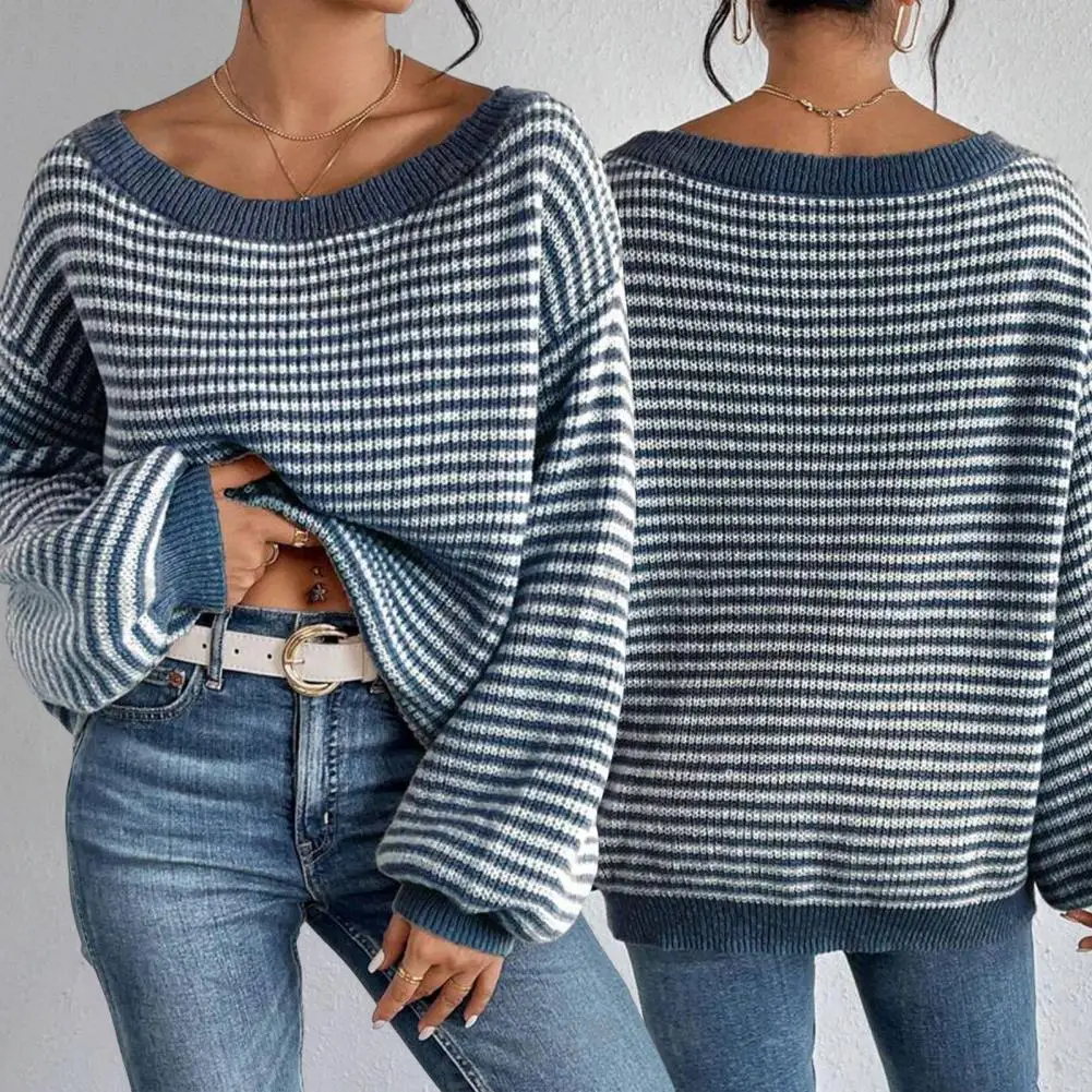 

Soft Stretchy Fabric Sweater Striped Print Off Shoulder Women's Sweater Oversized Long Sleeve Knit Pullover Top for Fall/winter