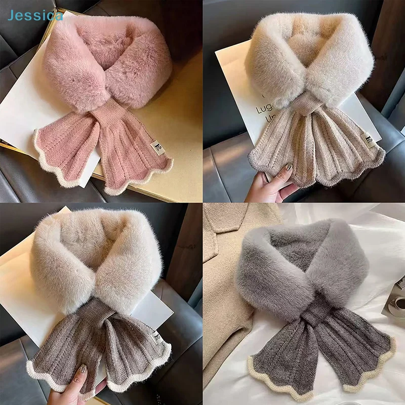♥ Solid Color Winter Neck Warmer Faux Rabbit Fur Thicken Cross Collar Scarf Neck Warmer Plush Scarf Cold Weather