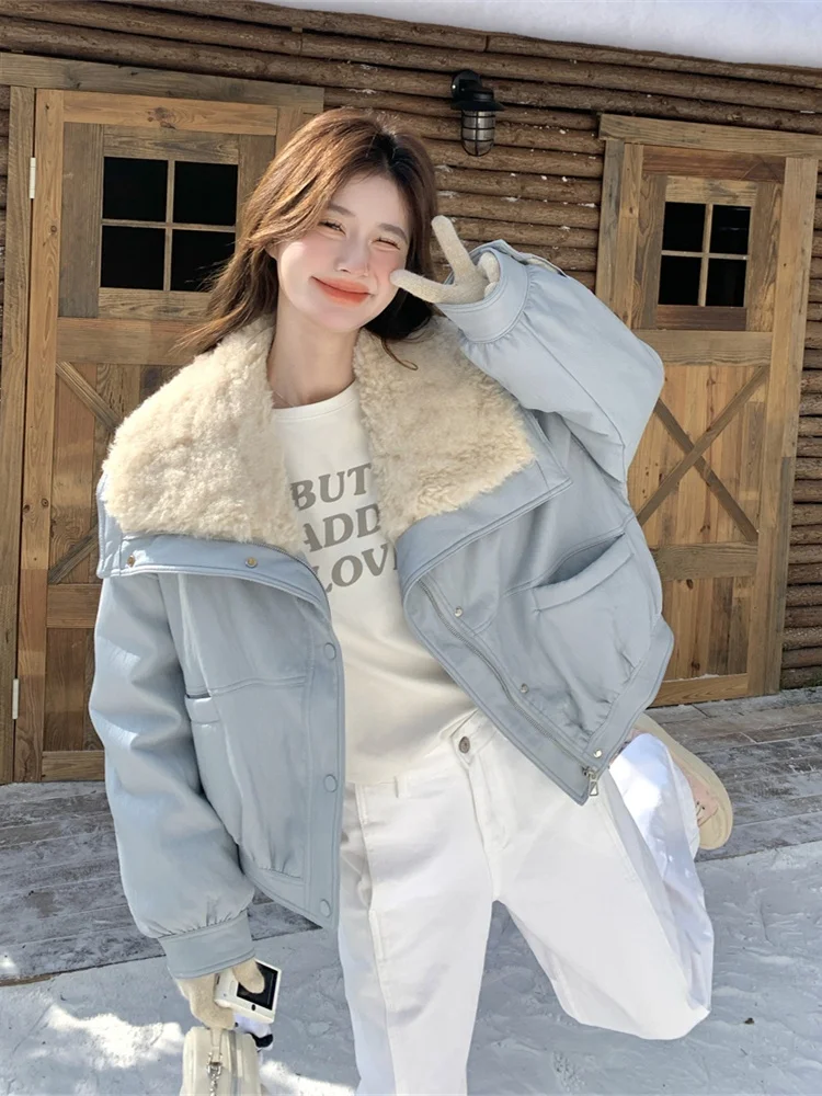 ブルーラムファー襟付きPUレザーダウンジャケット レディース 冬 2024 新作 アメリカンレトロ 小さいサイズ 高級感 通勤 スタイリッシュ