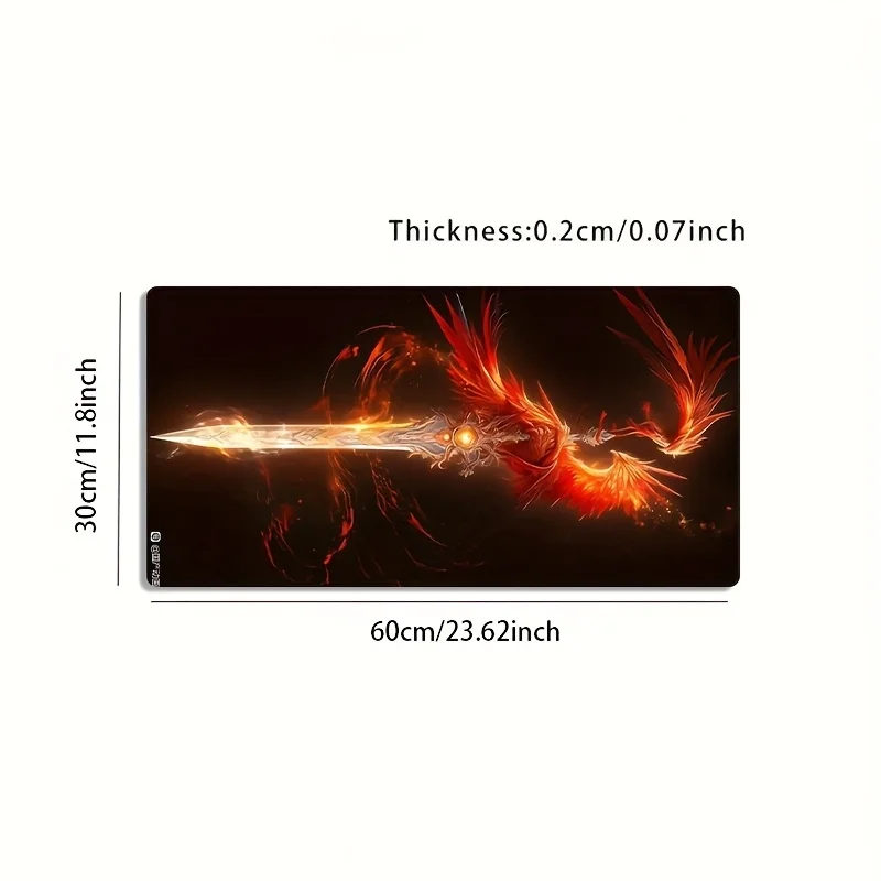 Extended Gaming Desk Mat Flame Sword & Red Phoenix Art Non-Slip Washable Rubber Mousepad for Gamer Desktop Decoration Gift