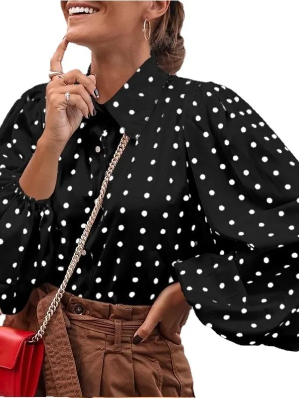Polka Dot Lantern Sve Chiffon irt Women Loose Fit Street Sle Long Sve Button up round Ne Casual Top for Spring