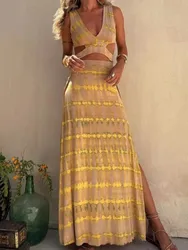 Women Boho Dress Fashion Sexy V Neck Sleeveless Backless Hollow Long Dresses Lady Beach Holiday Dress Women Clothes Summer New