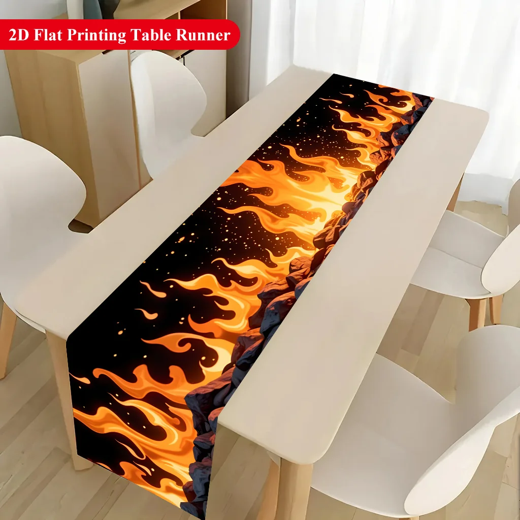 Flames Burning Over Rocks Table Runner - Modern Fire Elements Party Dining Table Flag Home Holiday Desktop Decoration