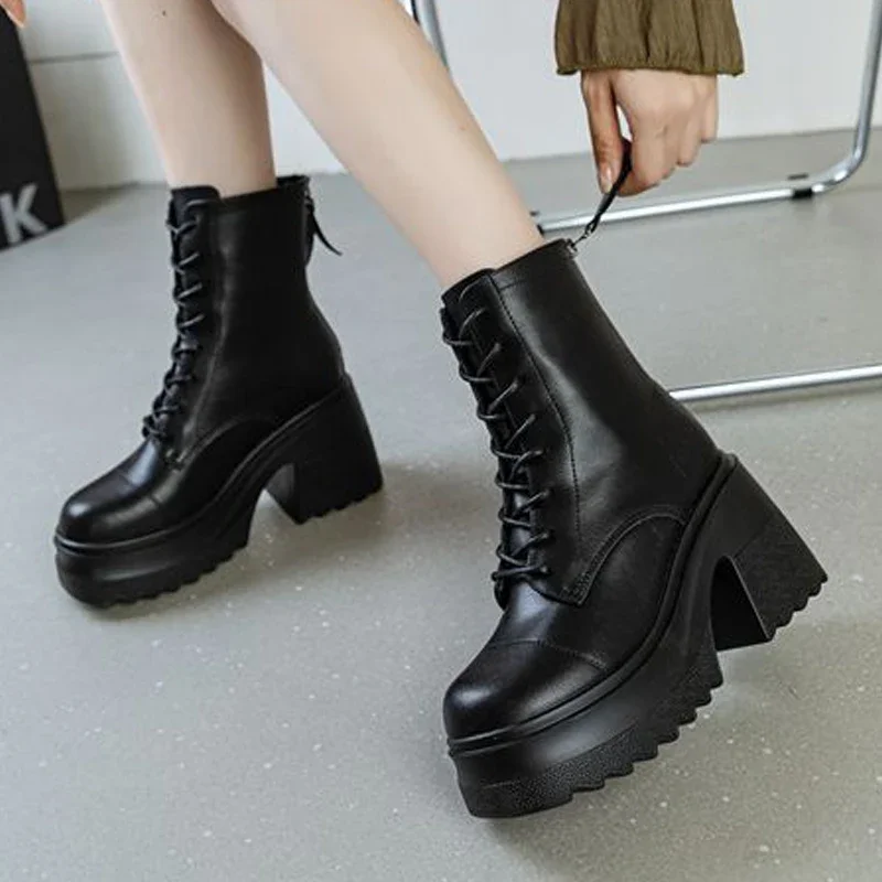 Fujin 10cm Genuine Leather Summer Ankle Boots Motorcycle Autumn Cushioned Platform Wedge Spring Women Shoes Female Booties