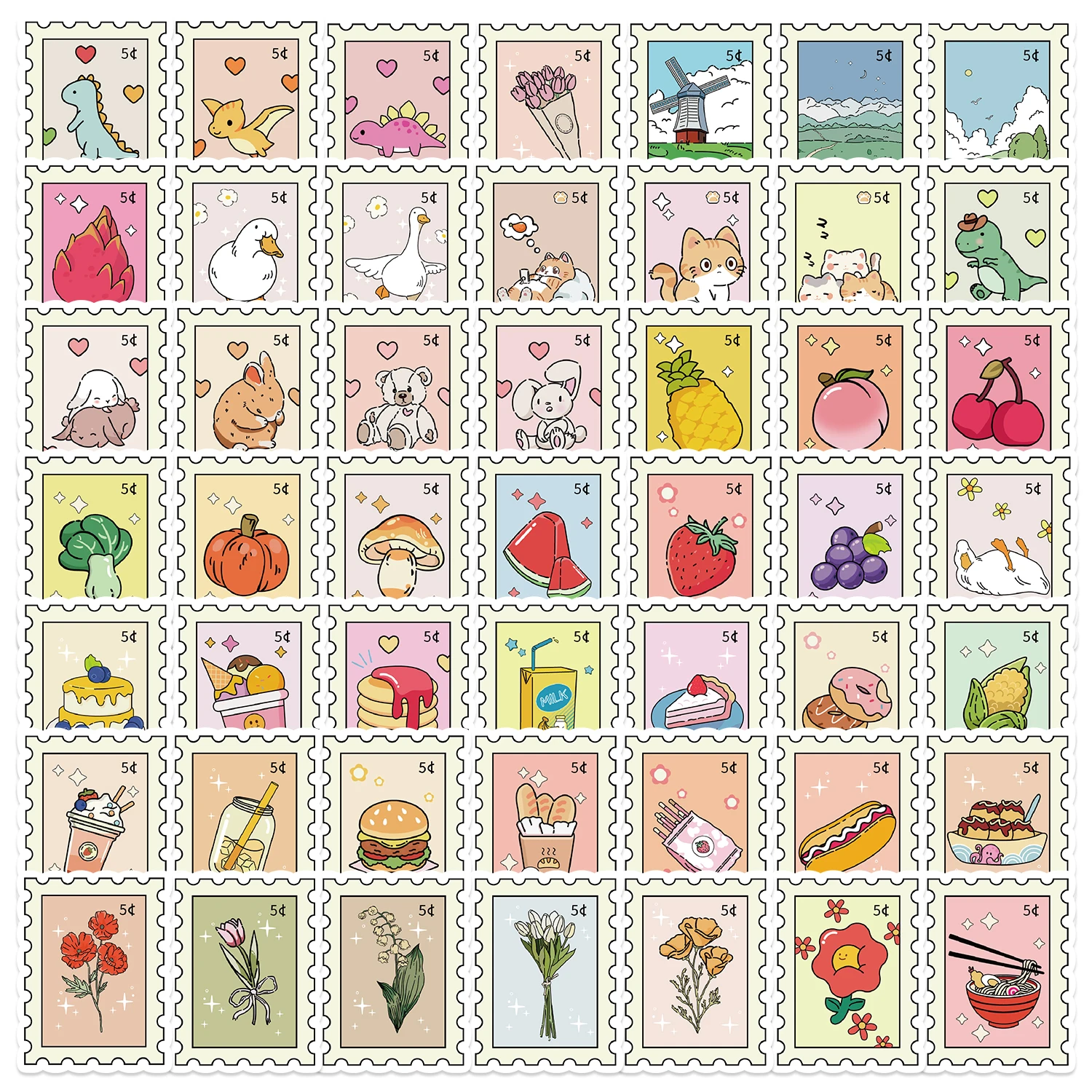 50PCS Kleine Frische Briefmarken Aufkleber Ästhetische PVC Wasserdichte Dekoration kinder Schreibwaren Scrapbooking Schule Liefert