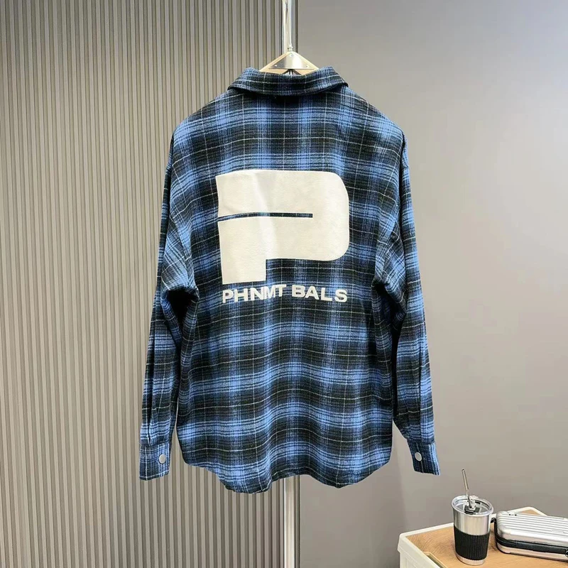Autumn New Foam Letter Logo Blue-green Checkered Shirt Trendy Vintage Clothing Men Women Loose Casual Shirt Blouse V-shape